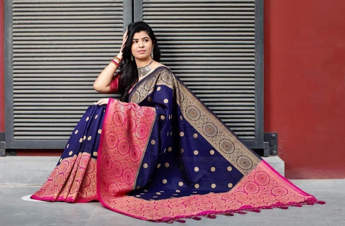 Festive Wear Navy Blue With Pink Color Silk Saree