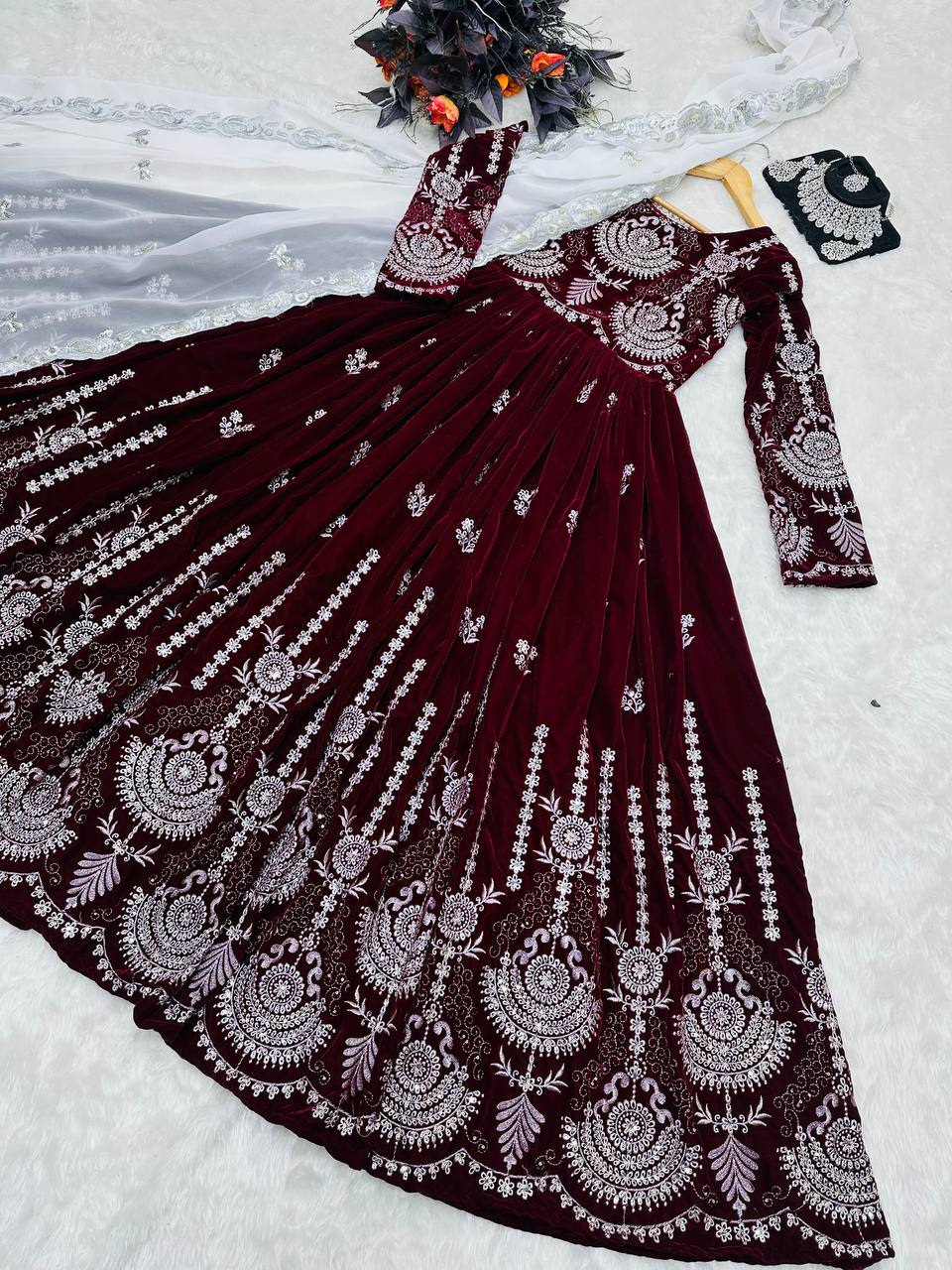 Maroon Color Embroidery Sequence Velvet Gown