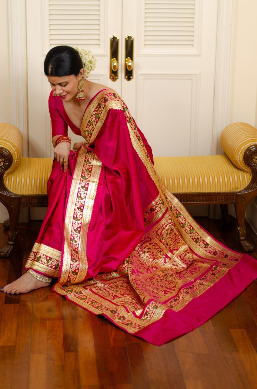 Wedding Wear Dark Pink Jacquard Border Saree