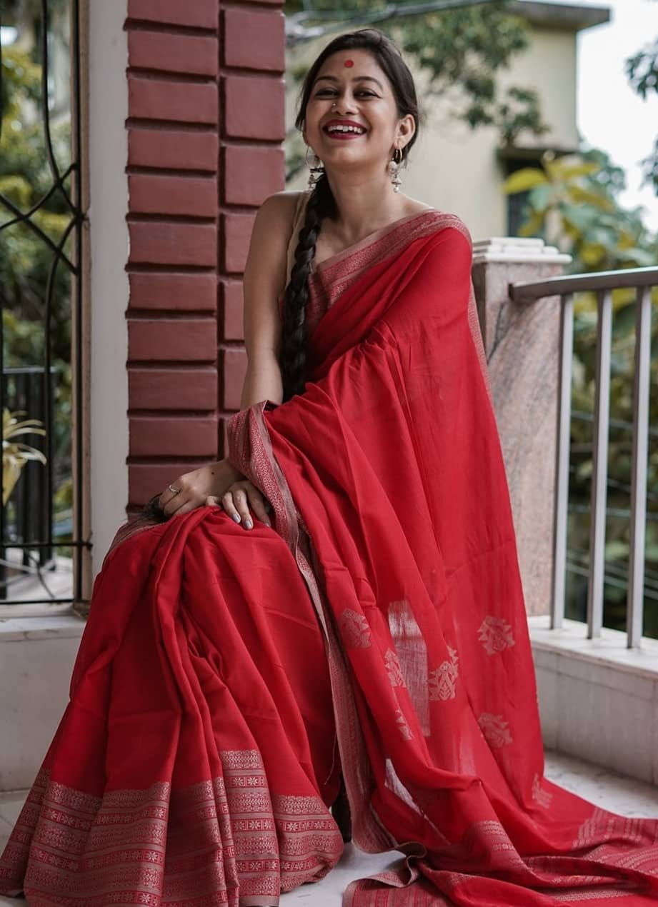 Stylish Red Color Soft Cotton Silk Saree – Amrutamfab