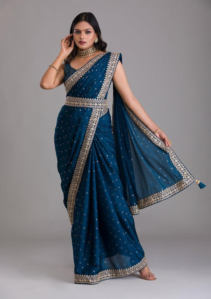 Attractive Foil Print With Zari Work Teal Blue Color Saree