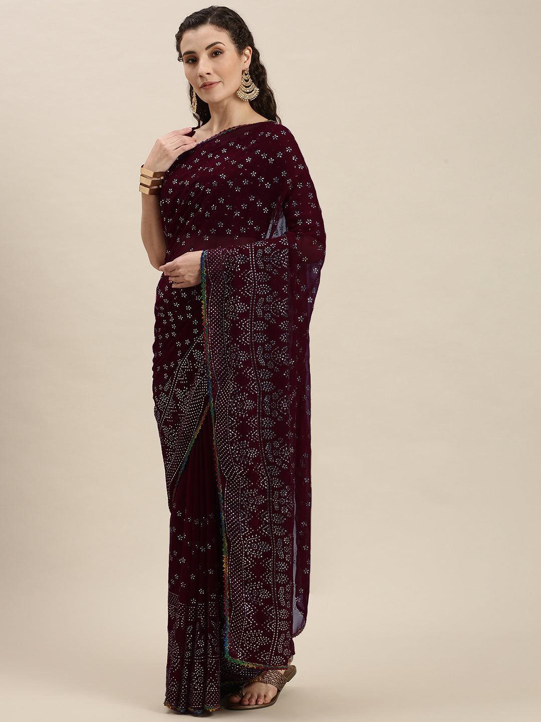 Awesome Purple Color Silver-Toned Beads Embroidered Saree