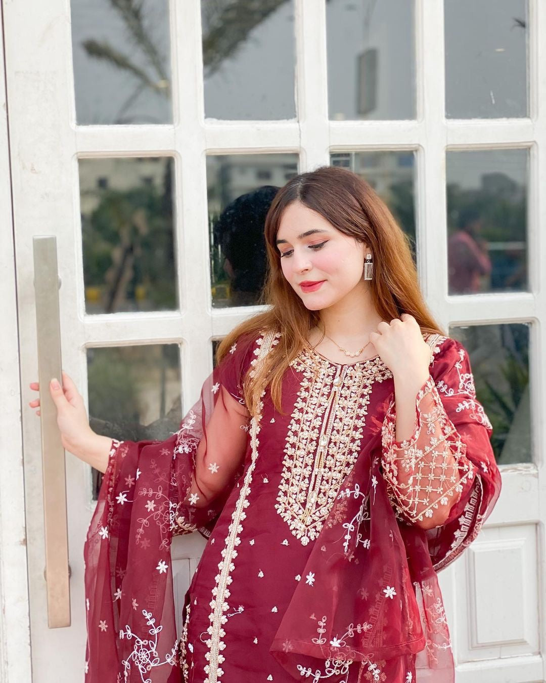 Maroon Color Flattering Organza Salwar Suit
