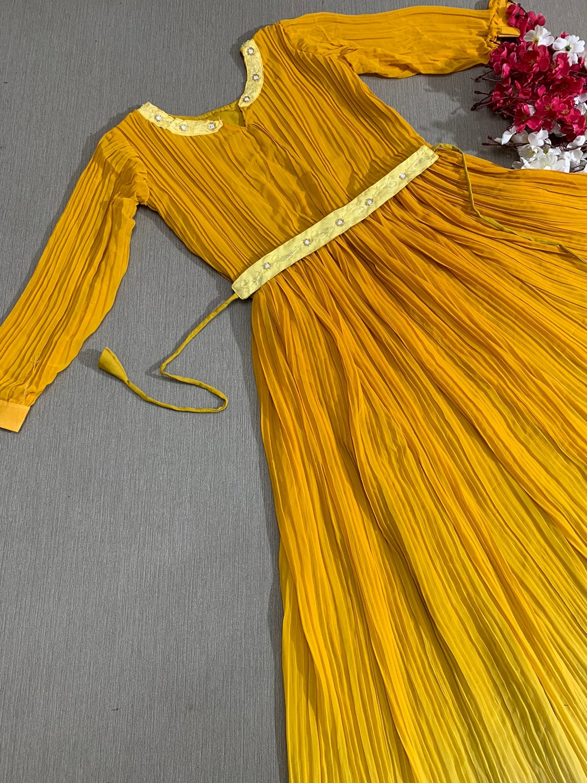 Double Tone Mustard And Yellow Plated Gown With Belt