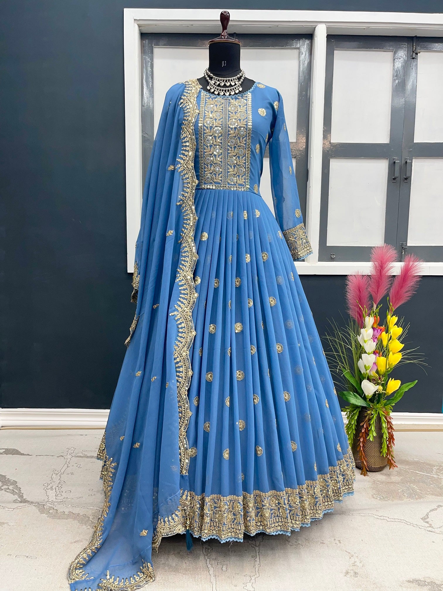 Exclusive Embroidery Work Sky Blue Color Gown
