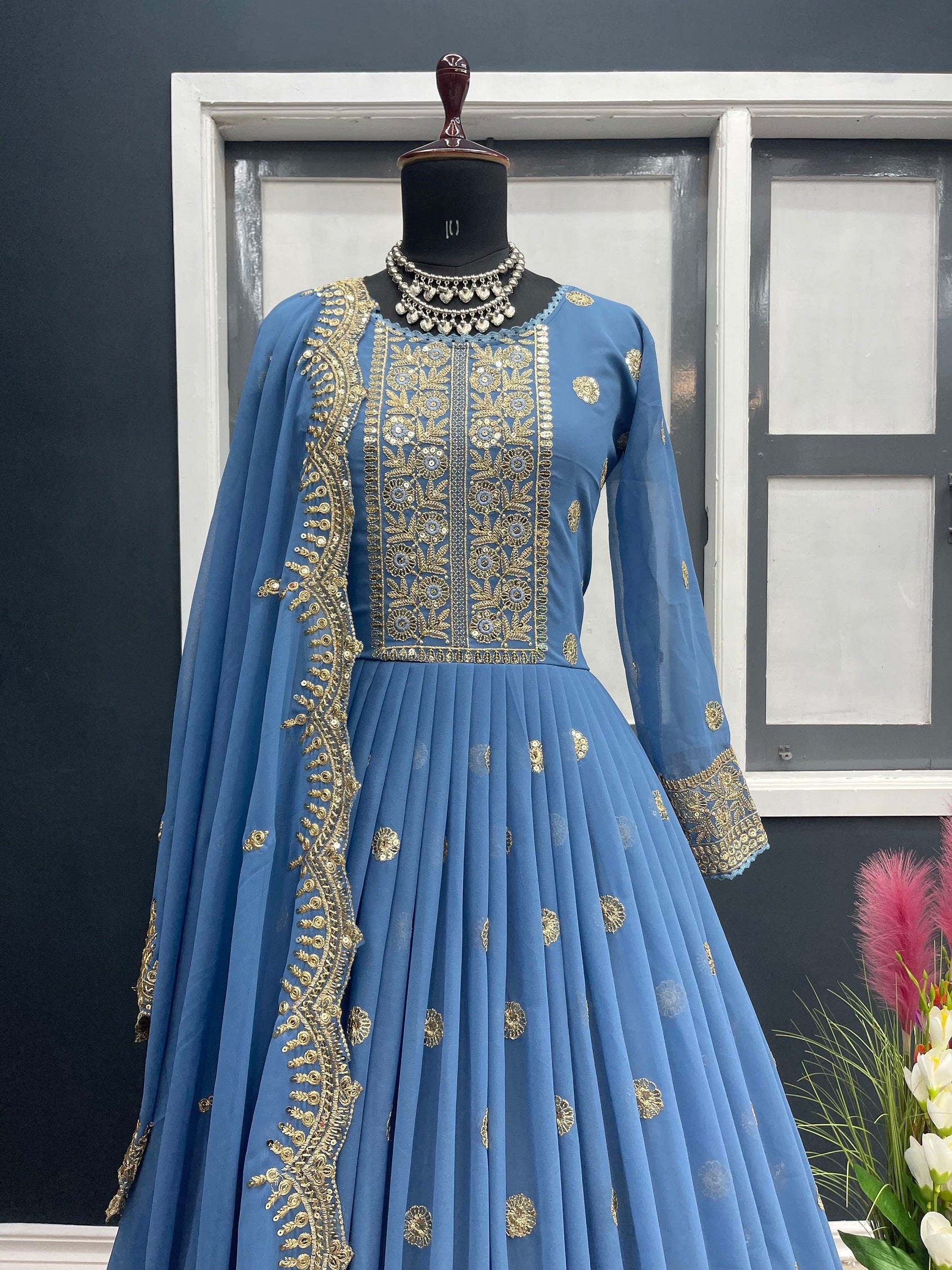 Exclusive Embroidery Work Sky Blue Color Gown
