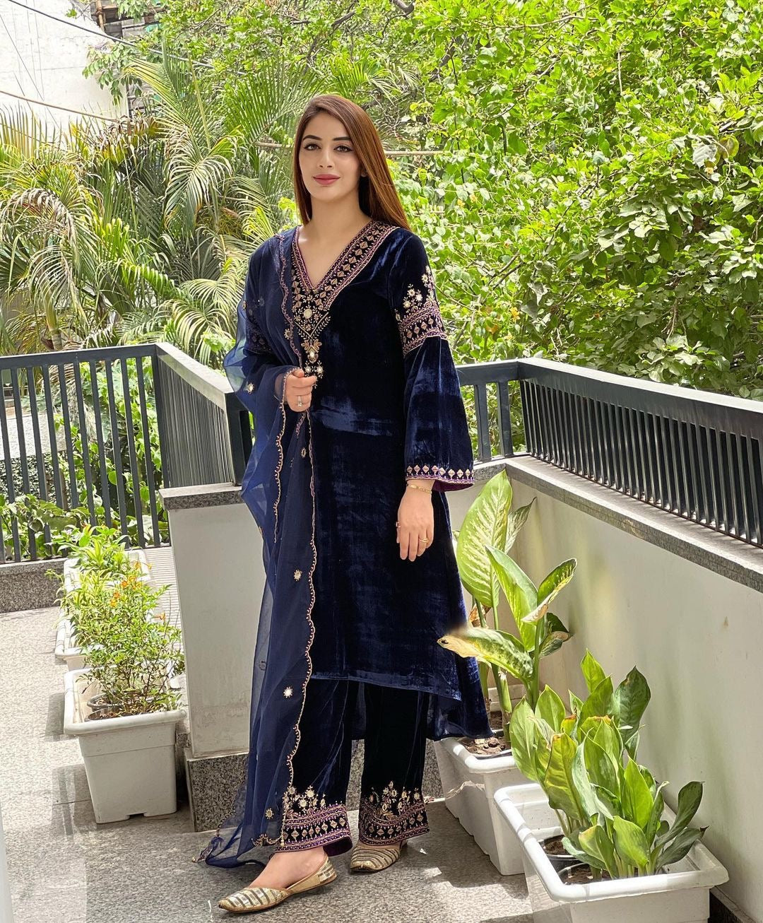 Admiring Embroidery Work Navy Blue Color Plazzo Suit