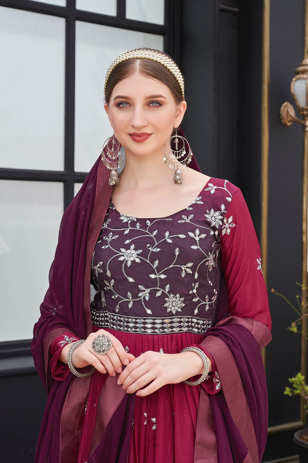 Maroon And Wine Color Sequence Work Designer Gown