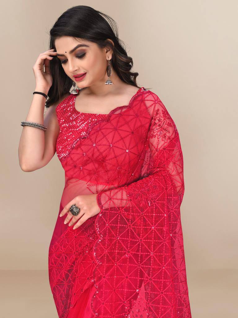 Embellished Red Color Sequence Work Net Saree