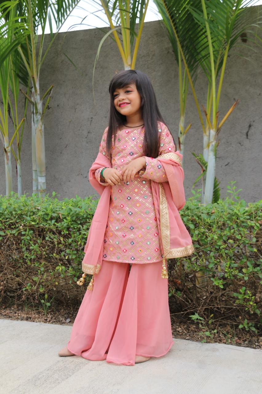 Designer Peach Color Mother Daughter Sharara Suit