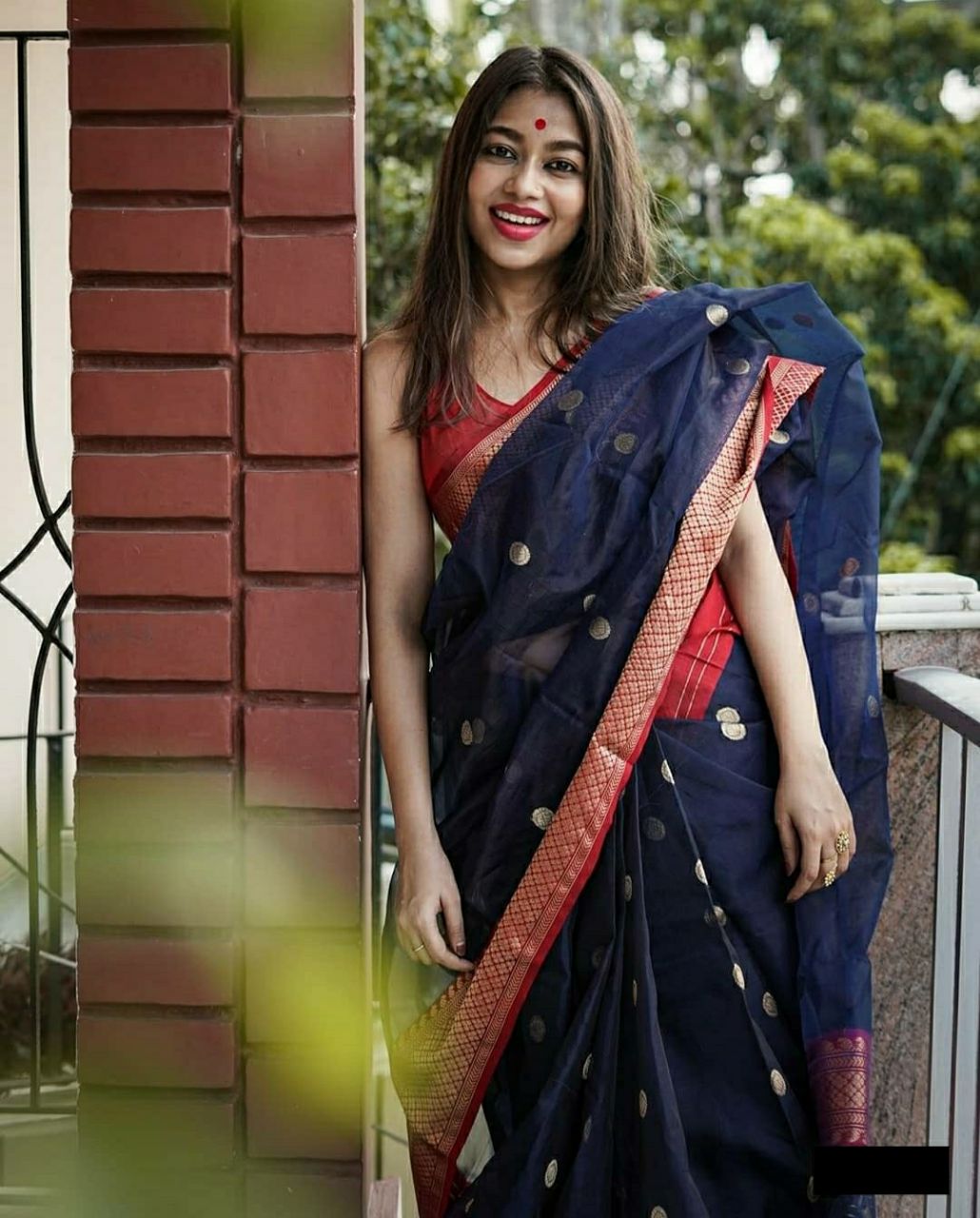 Navy Blue With Red Color Soft Lichi Silk Saree