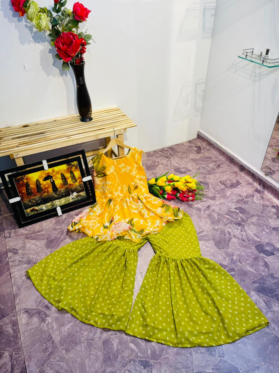 Yellow And Parrot Green Printed Sharara Suit