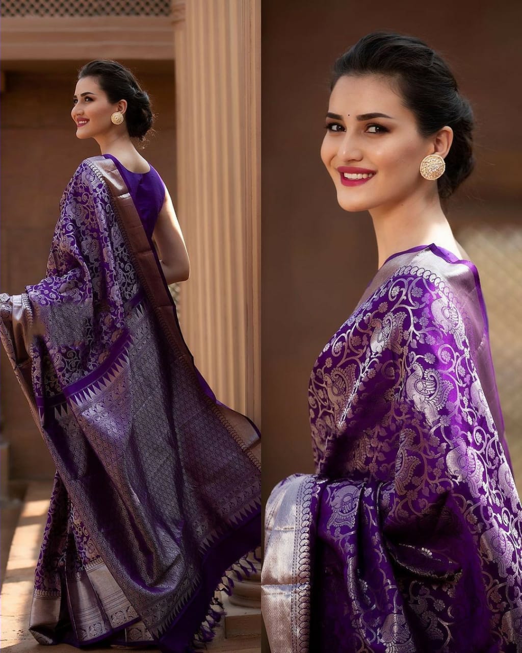 Designer Pure Soft Lichi Silk Purple Color Saree