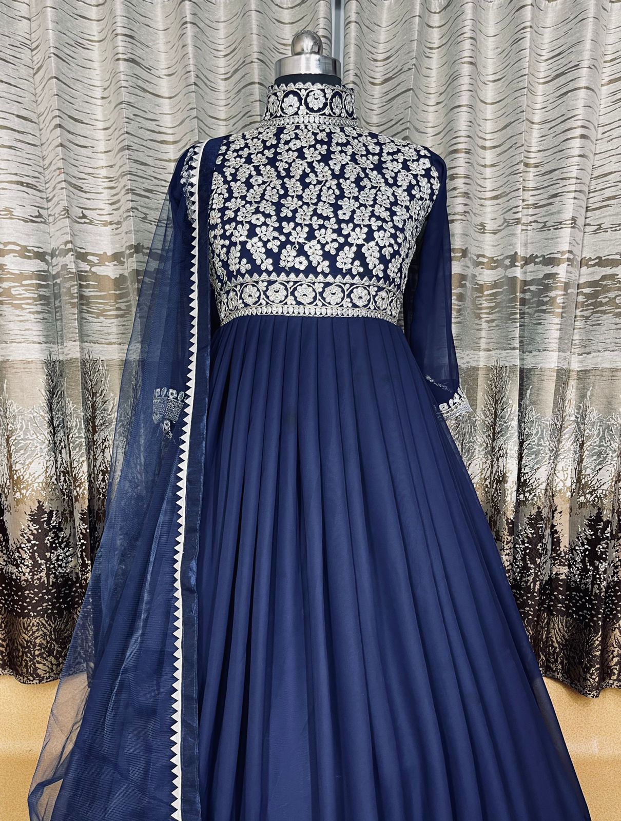 Buy Indo-western Navy Blue Woven Design Taffeta Silk Gown Online In India  At Discounted Prices