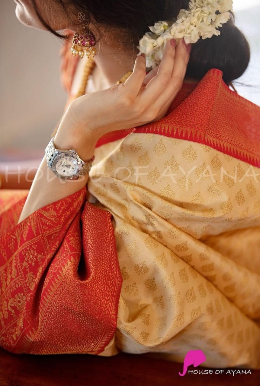 Red & Cream Color Wedding Wear Soft Banarasi Silk Saree