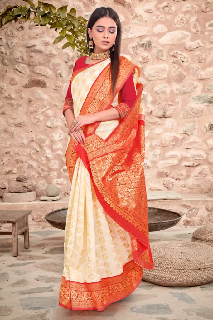 Captivating Soft Lichi Silk White And Red Festive Wear Saree