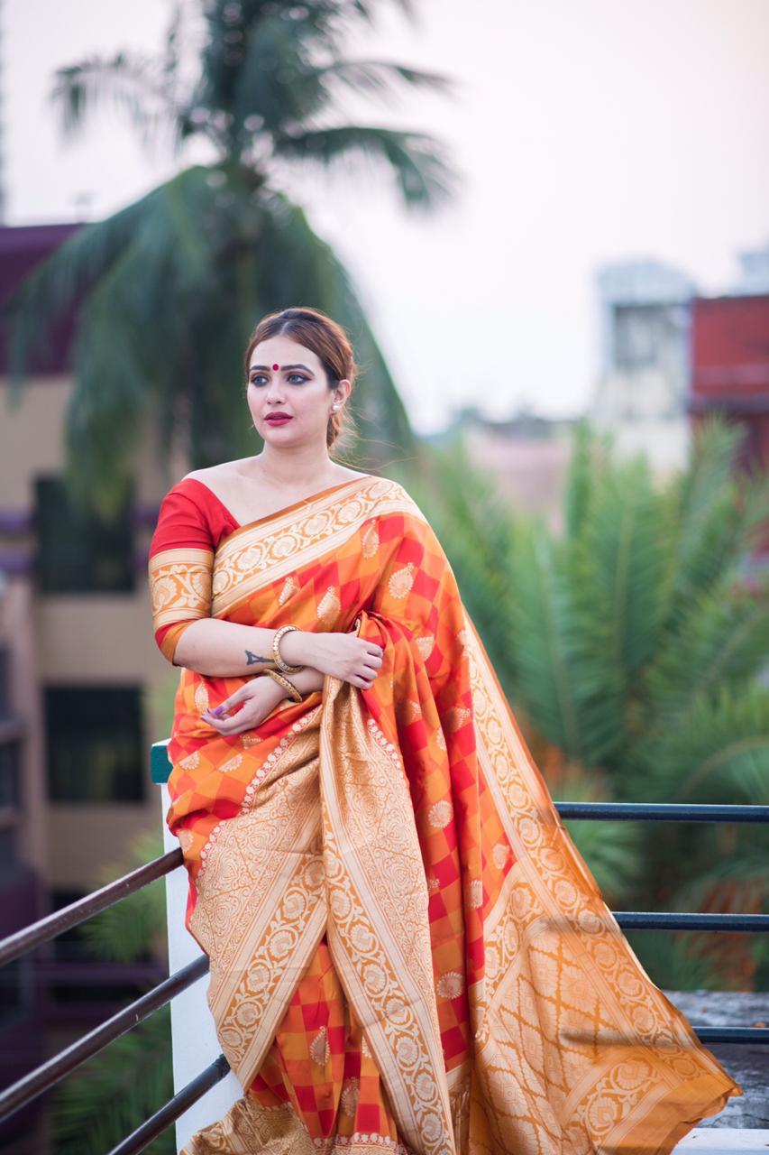 Gorgeous Orange Color Rich Pallu And Border Soft Banarasi Silk Saree