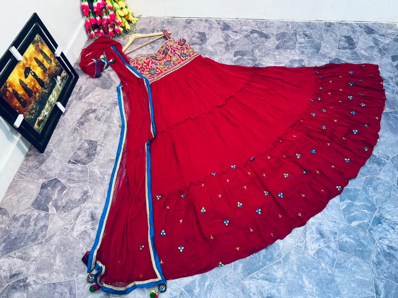 Red Color Party Wear Real Mirror Work Fancy Gown