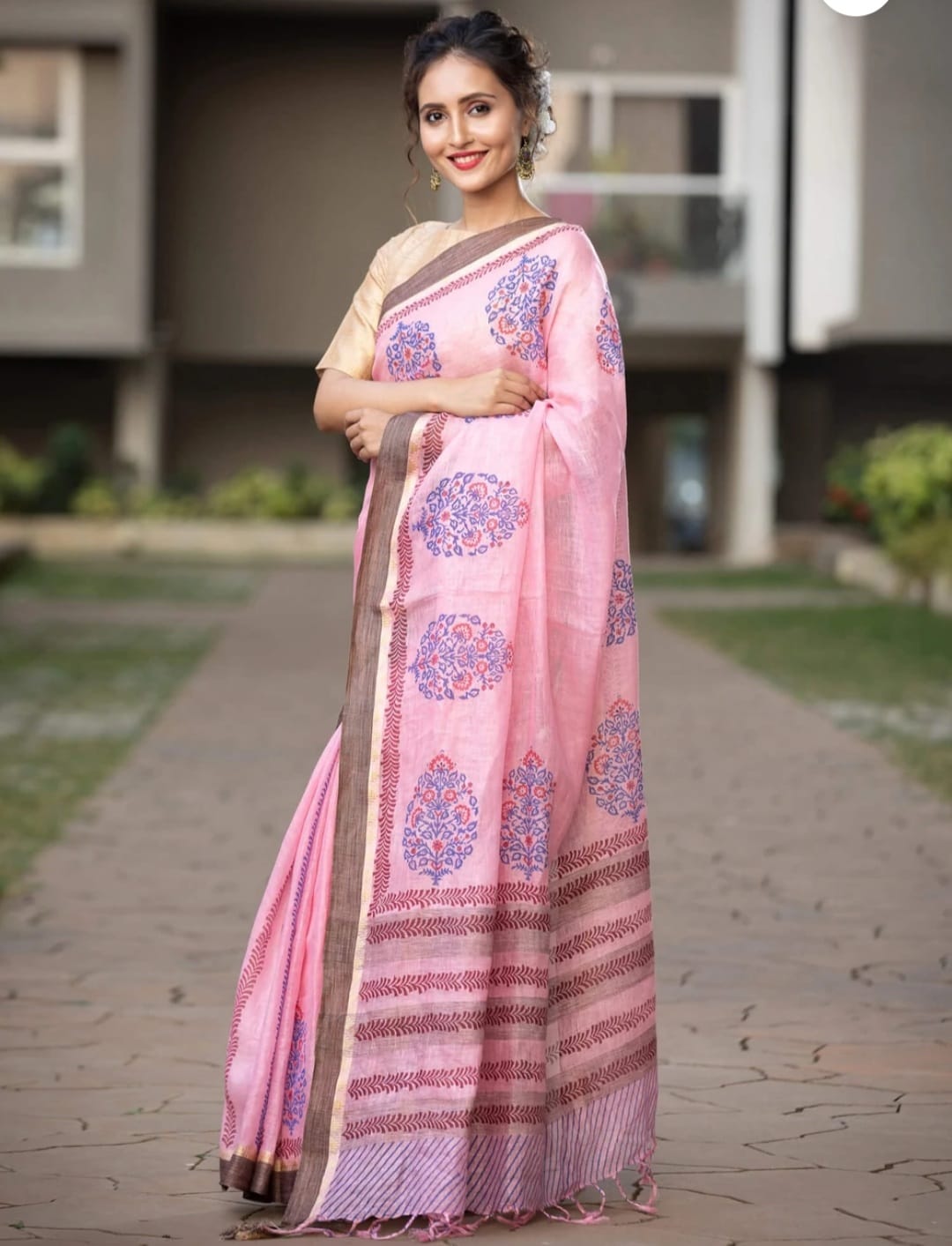 Light Pink Ajrakh Print Cotton Silk Classy Saree