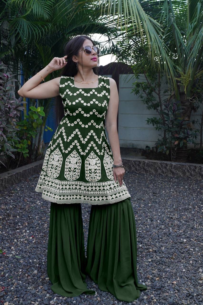 Fabulous Green Silk Embroidery Work Sharara Suit
