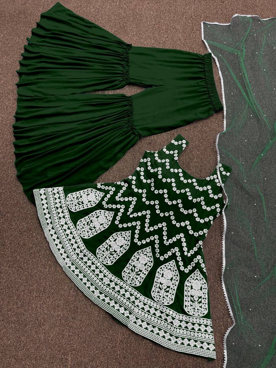 Fabulous Green Silk Embroidery Work Sharara Suit
