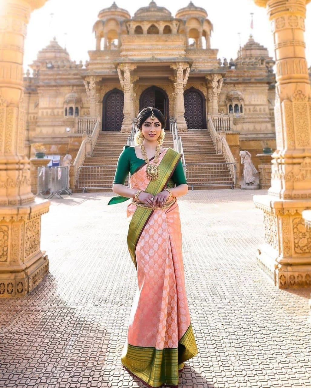 Stylish Pink With Green Color Soft Banarasi Silk Saree