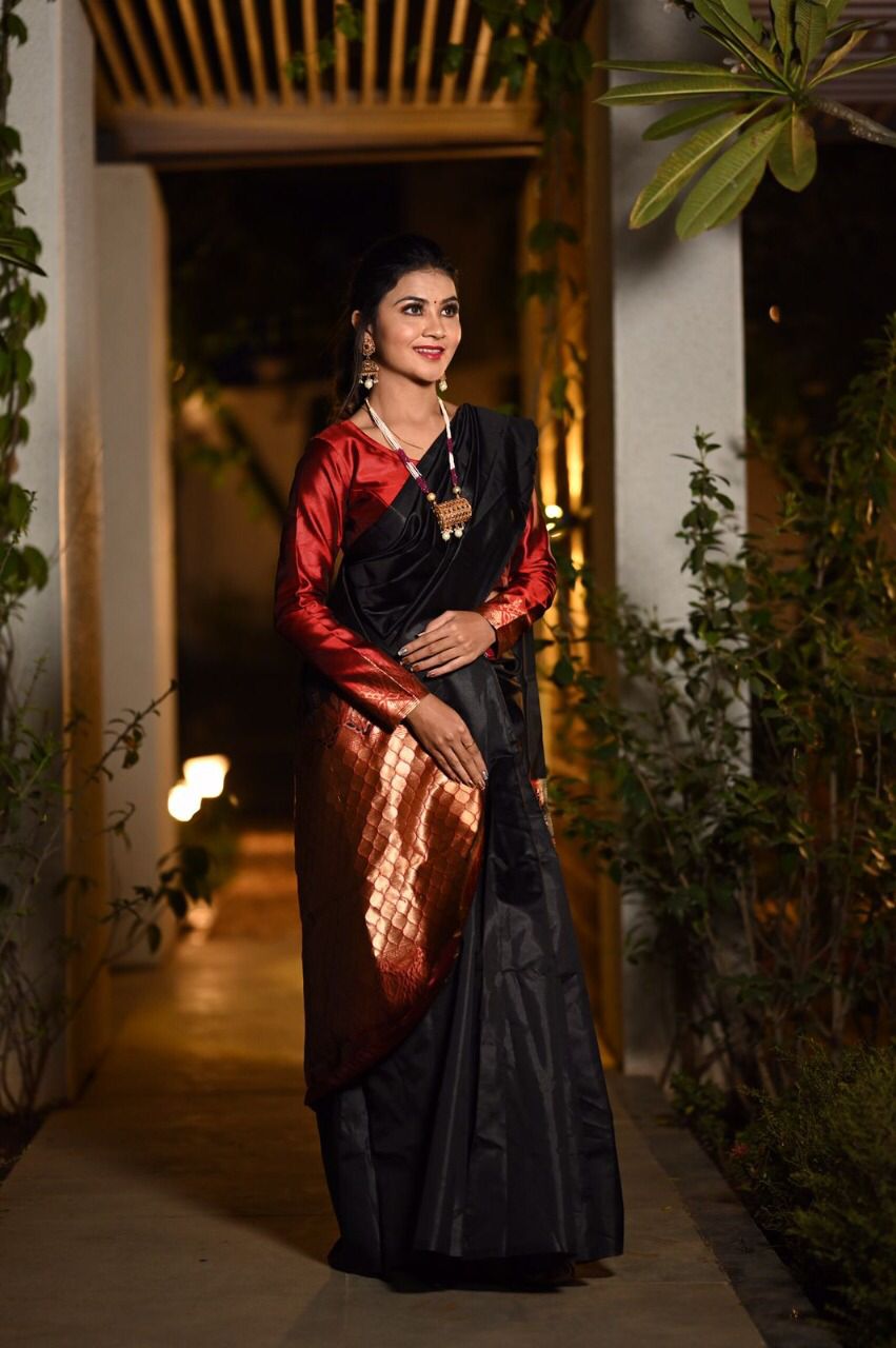 Fashionable Black With Red Rich Jacquard Work Saree