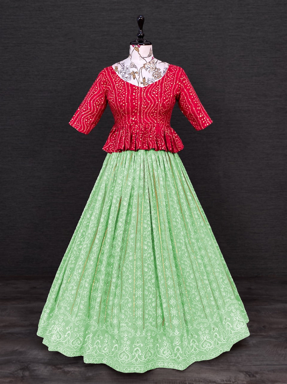 Stylish Pista Green Color Lucknowi Work Lehenga With Red Top