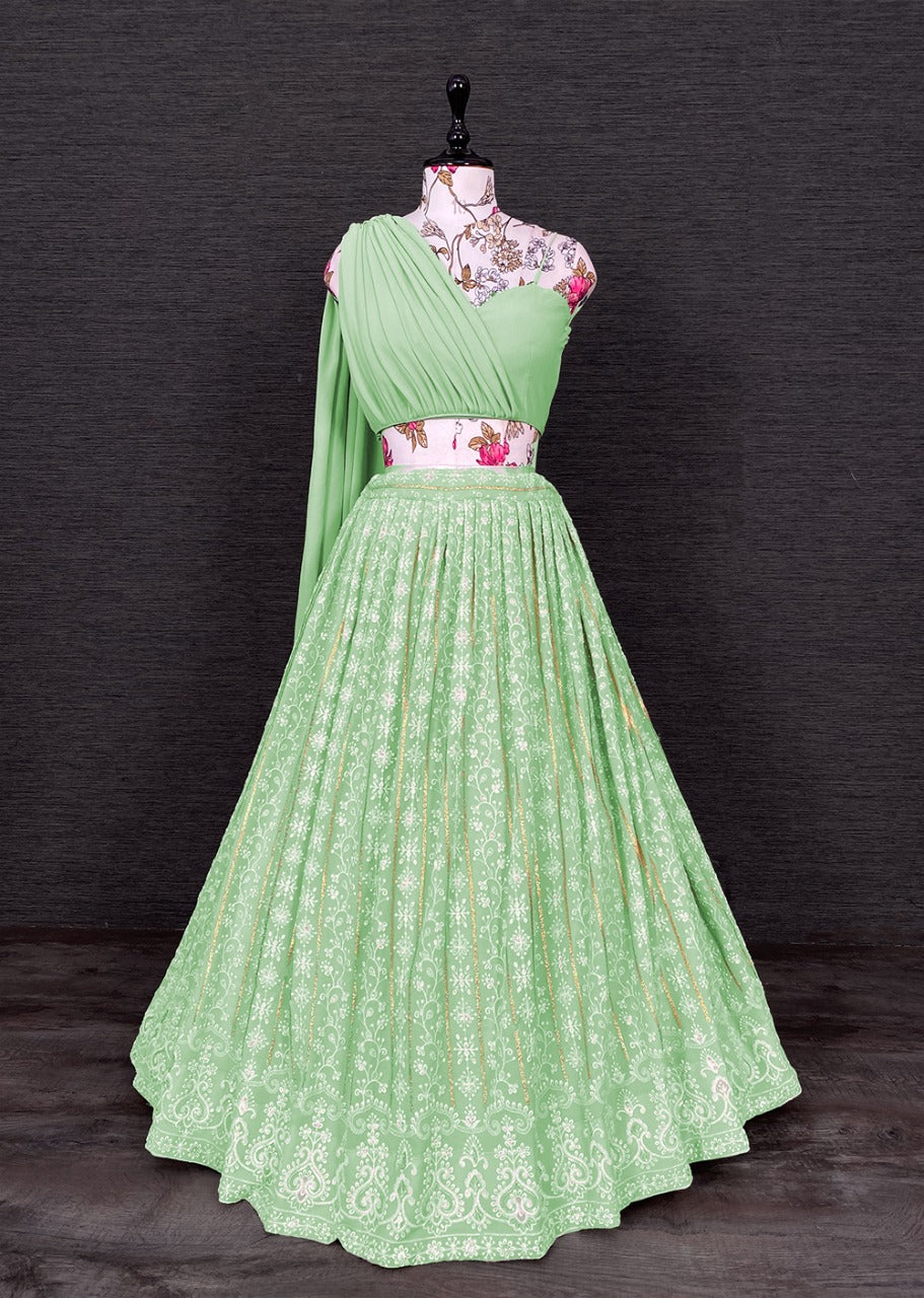 Classy Pista Green Color Lucknowi Thread Work Lehenga Choli
