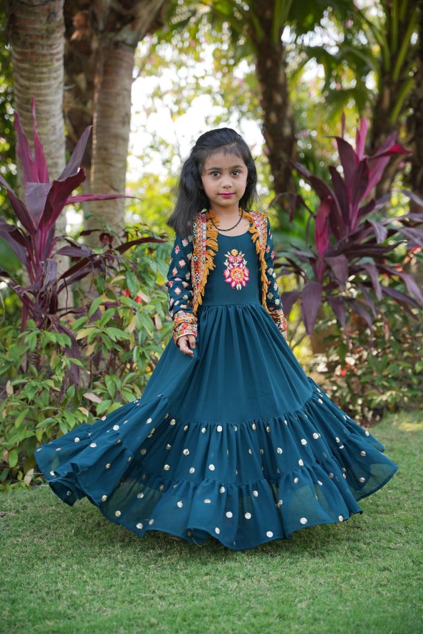 Amazing Teal Blue Color Mother Daughter Gown WIth Koti