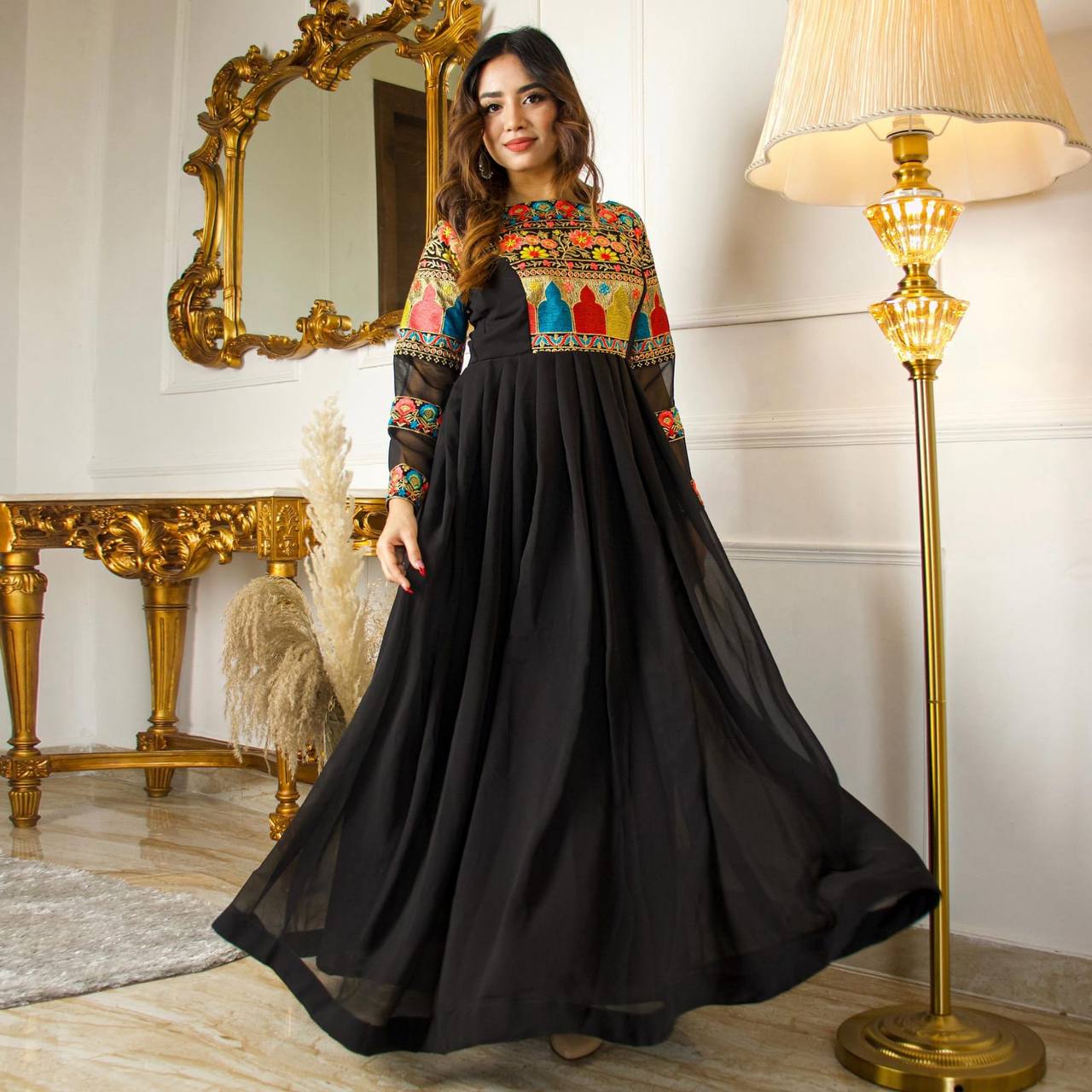Attractive Black Color Embroidery Work Gown