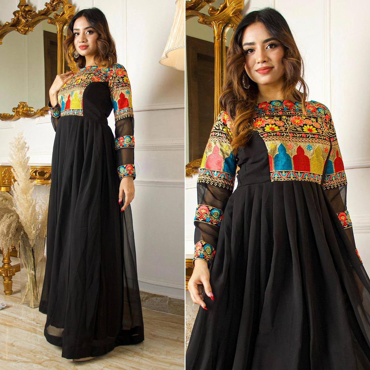 Attractive Black Color Embroidery Work Gown