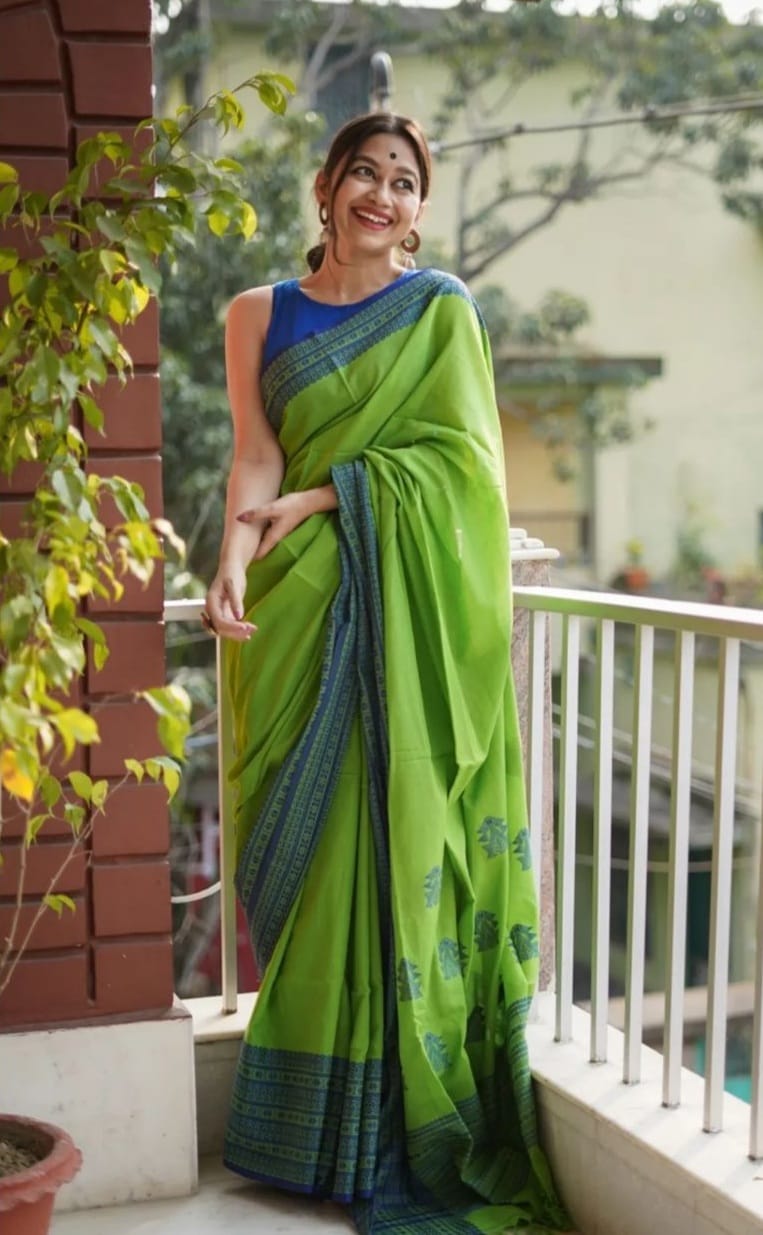 Parrot Green With Blue Color Cotton Silk Saree
