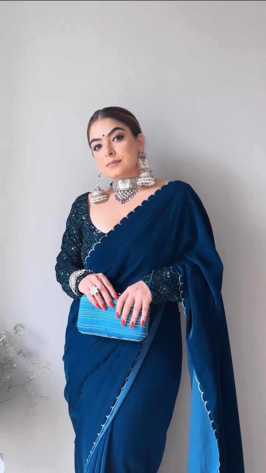 Marvelous Teal Blue Velvet Saree With Sequence Work Blouse