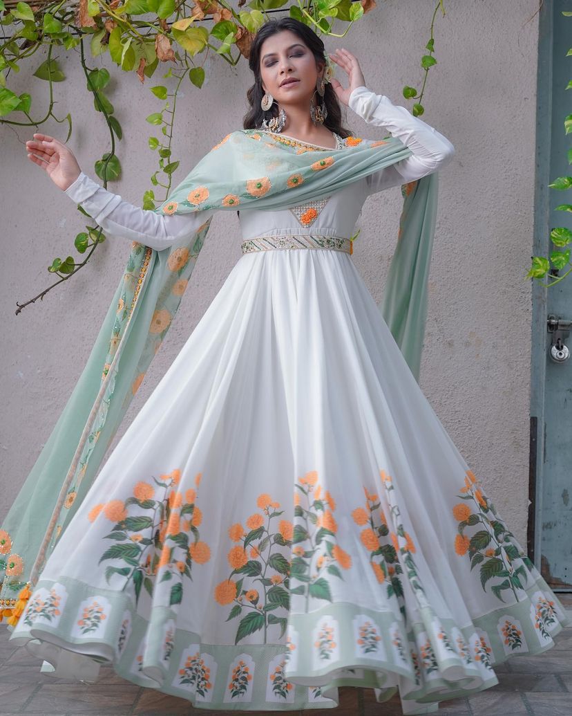 White and Aqua Color Embroidery Work Digital Print Gown