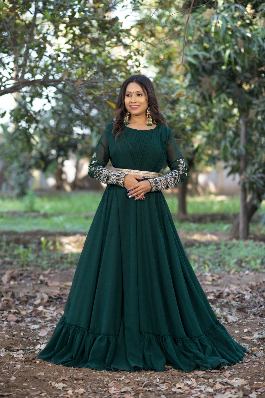 Luxuriant Dark Green Embroidery Sequence Work Gown