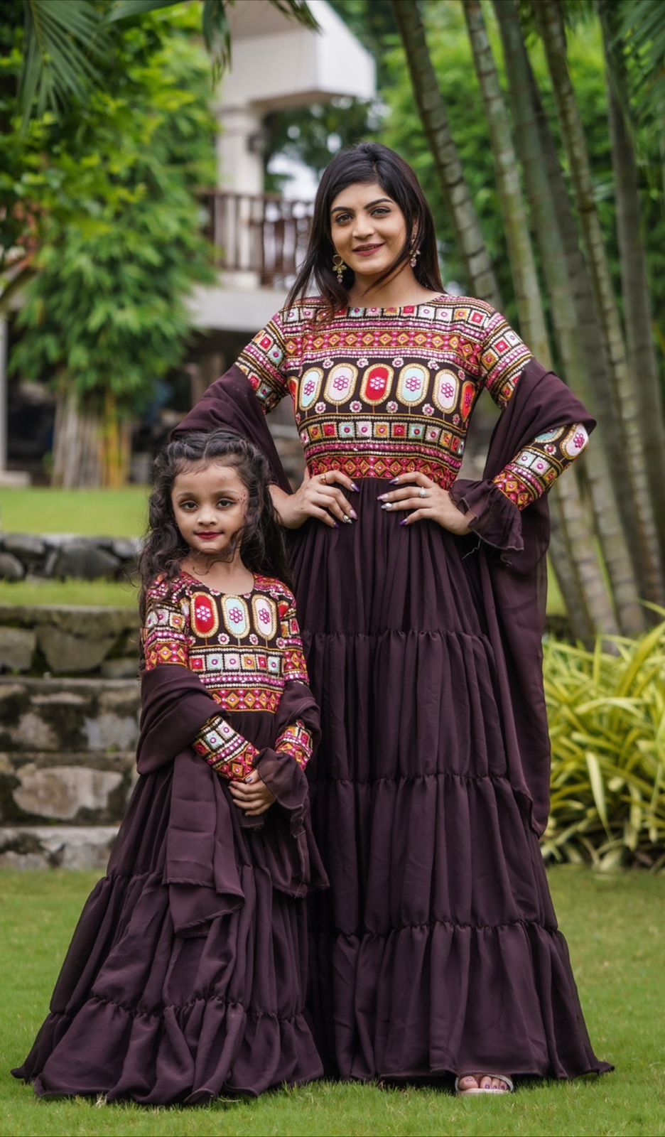 Luxuriant Work Brown Color Mother Daughter Gown