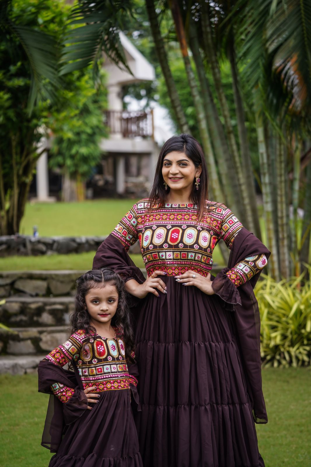 Luxuriant Work Brown Color Mother Daughter Gown