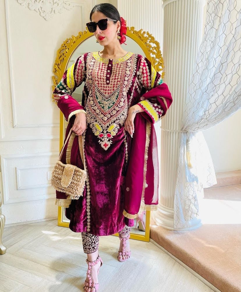 Lovely Embroidered Wine Color Velvet Salwar Suit