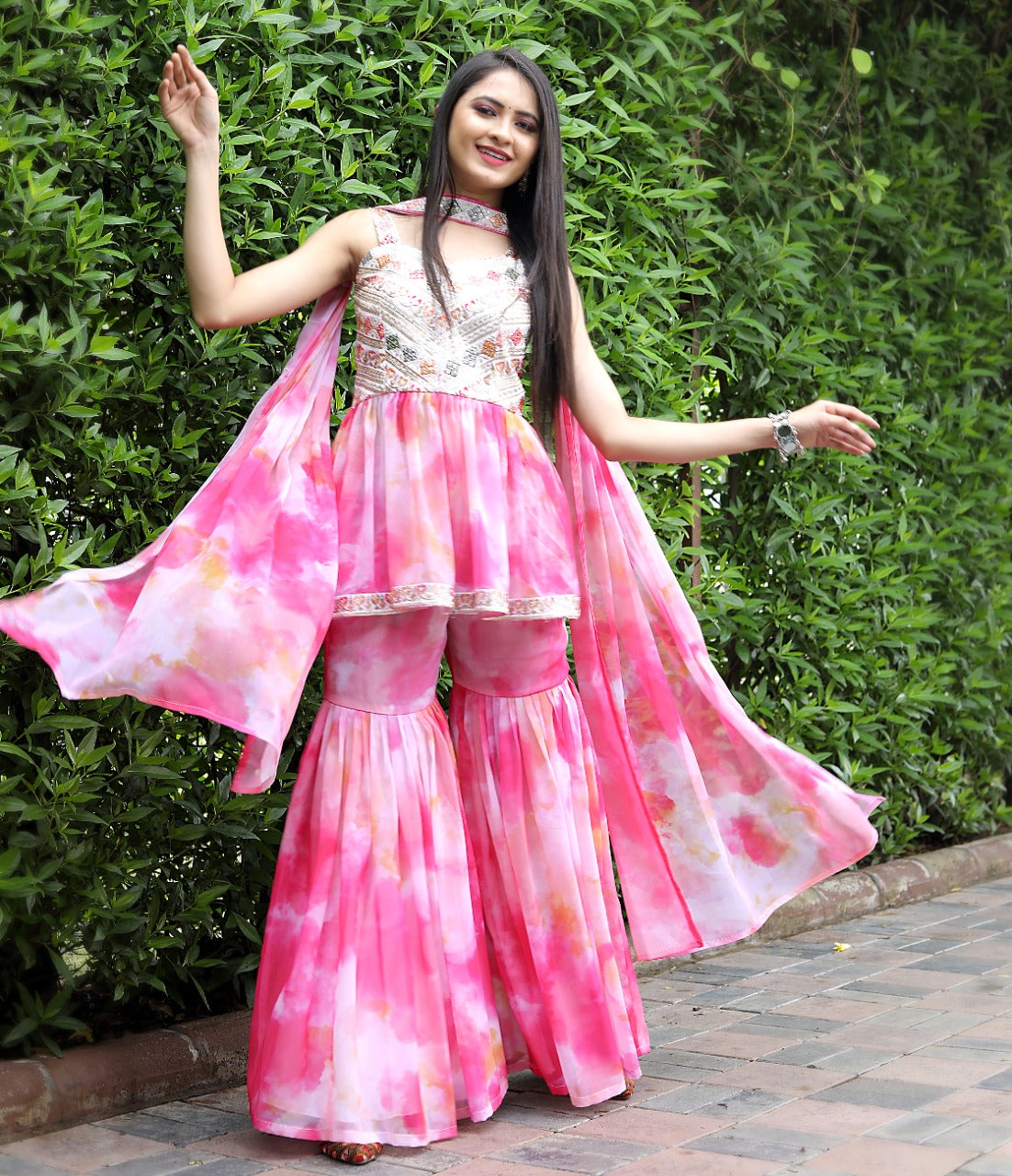 Adorable Embroidered Work Tie Dye Light Pink Sharara Suit
