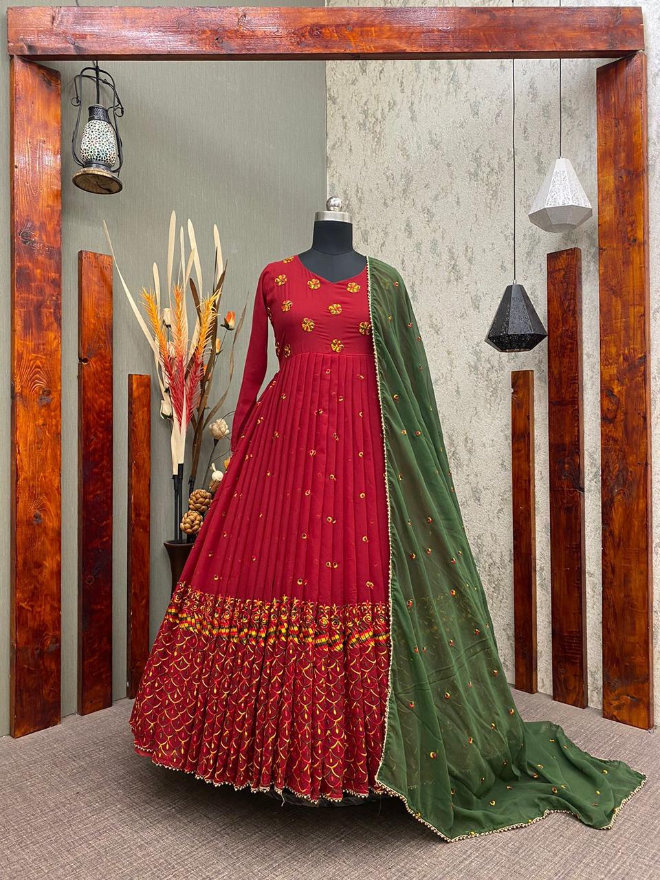 Marvelous Red Color Embroidered Work Gown