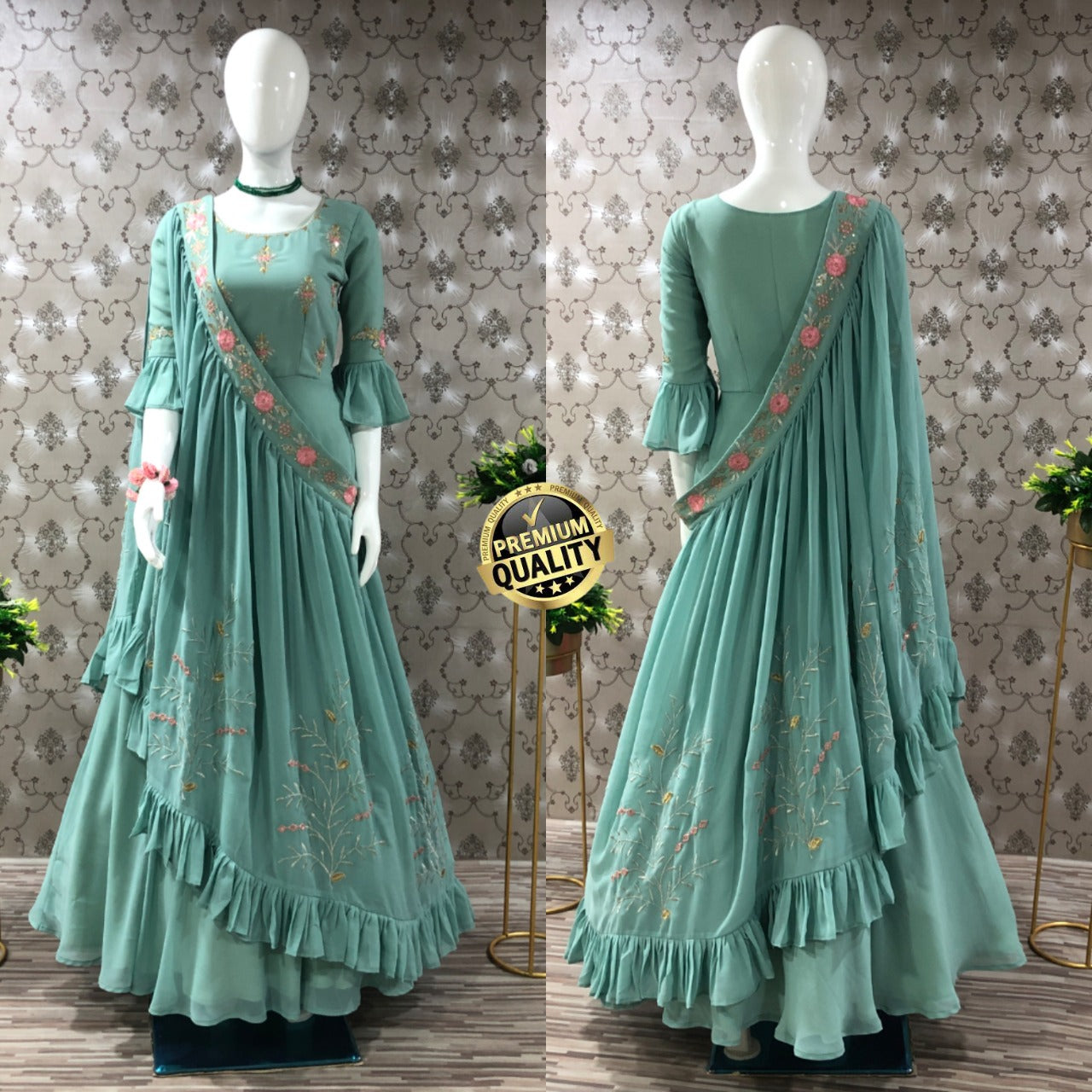 Different Way Wearing Pista Color Shrug Dupatta With Gown