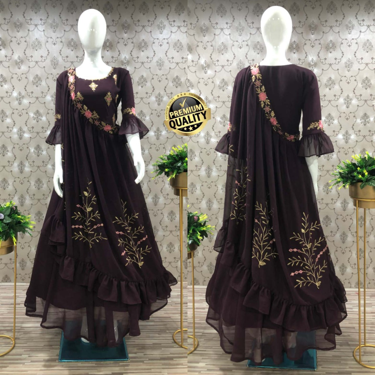 Different Way Wearing Brown Color Shrug Dupatta With Gown