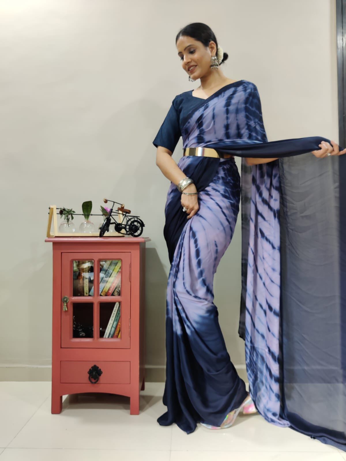 Trendy Navy Blue Color Ready To Wear Printed Saree
