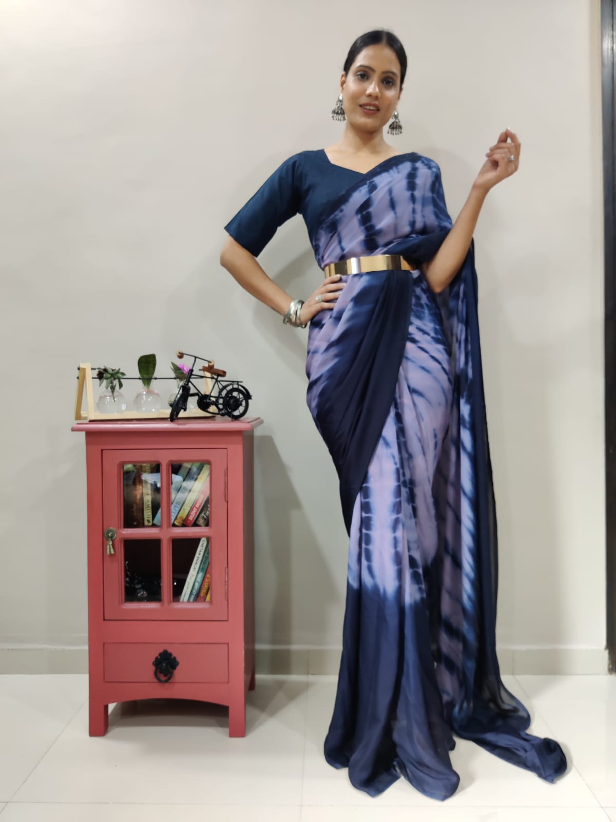 Trendy Navy Blue Color Ready To Wear Printed Saree