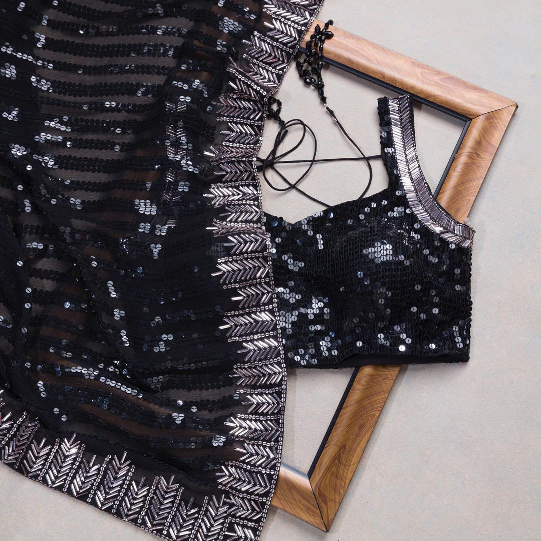 Outstanding Black Color Sequin Work Saree
