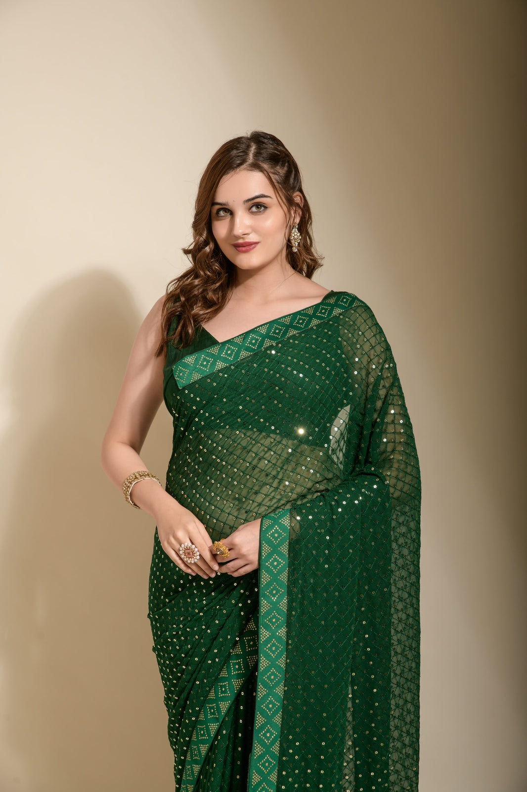 Green Color Sequence Ready To Wear Saree