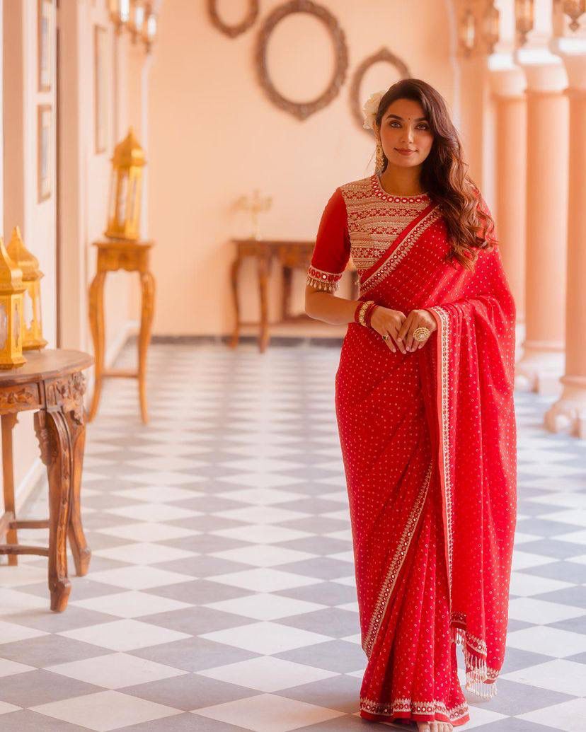 Designer Red Color Embroidery And Sequence Work Saree