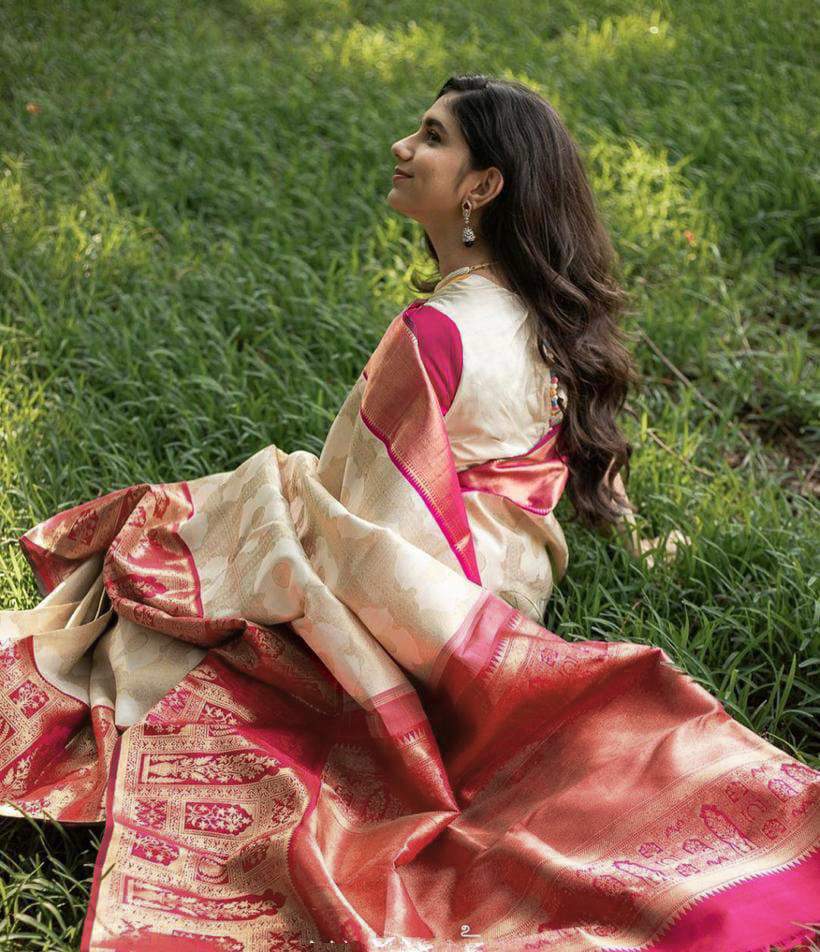 Traditional Look Cream With Pink Color Saree
