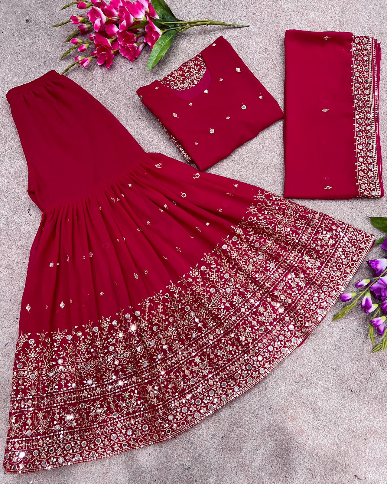 Graceful Red Color Embroidery And Sequence Work ShararaSuit